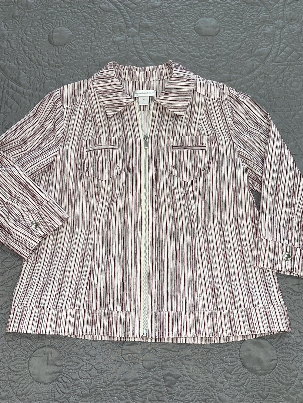 Christopher & Banks Burgundy and White Striped Zip Jacket M
